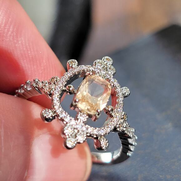 Elegant Rhodium Plated Simulated Champagne Gemstone Ring, Size 10 - Picture 8 of 9